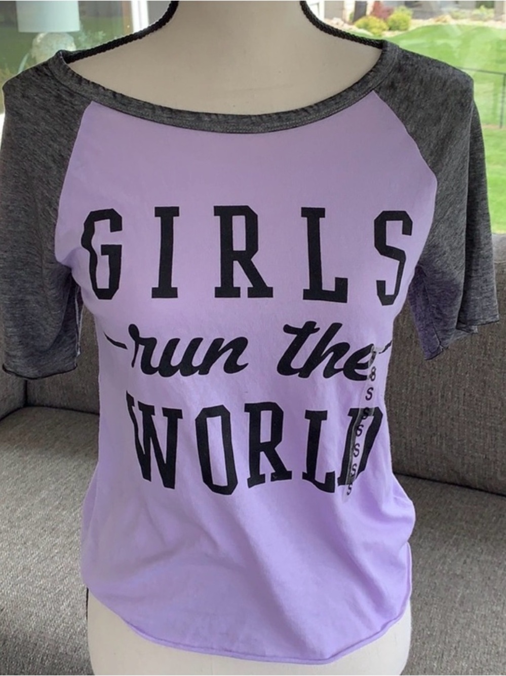 Mighty Fine Purple Gray Girls Run The World Raglan Graphic Tee S